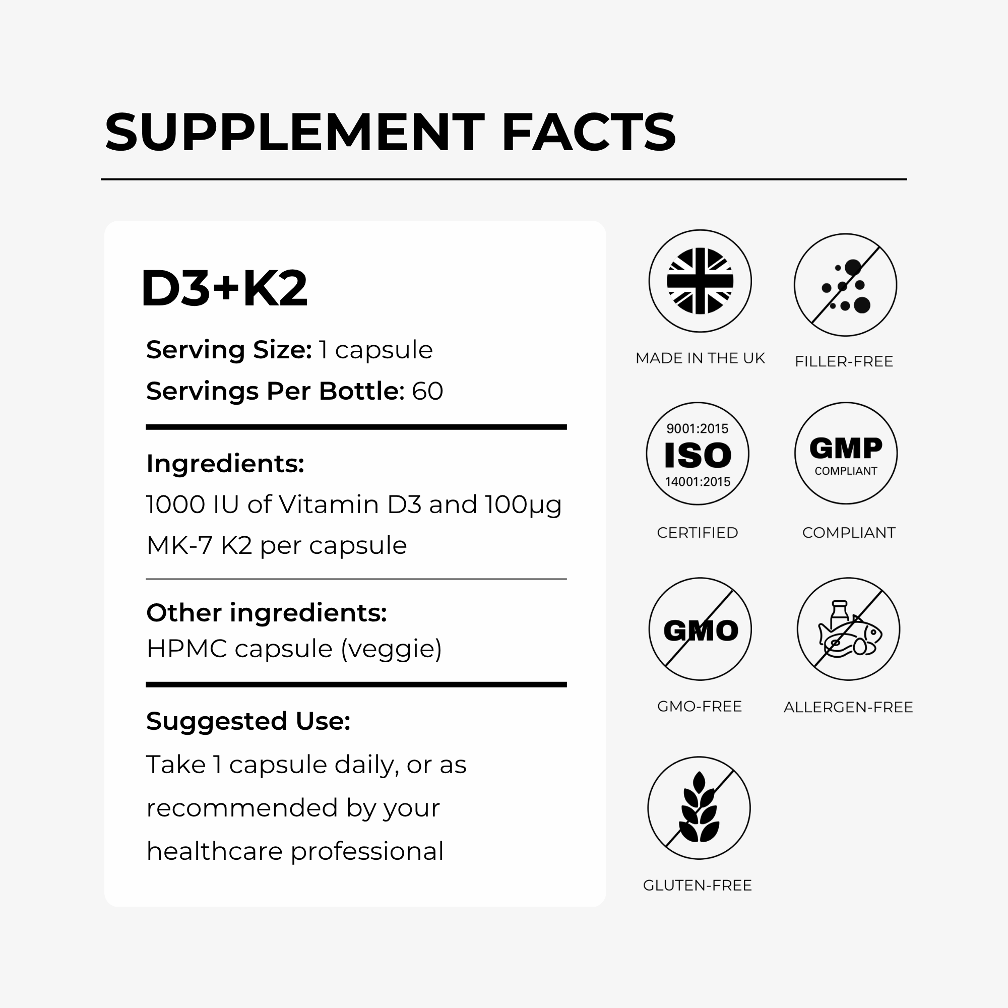 Charava Vitamin D3 (1000IU) + K2 (MK-7) (100 IU)
